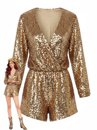 1970s V-Neck Sequin Long Sleeve Romper