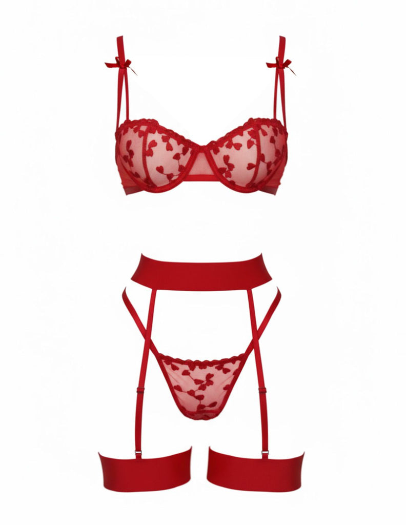 3PCS 1980s Lace Bow Detail Lingerie Set