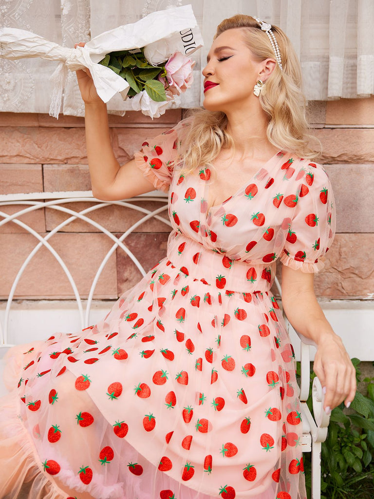 Pink 1950s Lace Strawberry Swing Dress