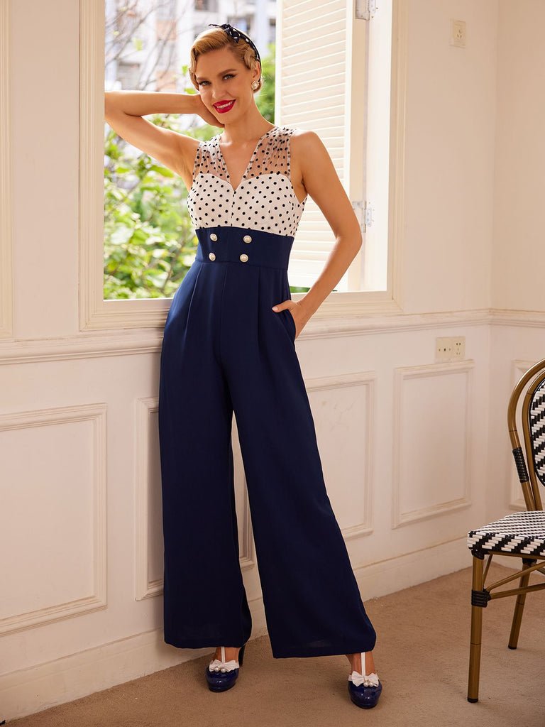 1930s Polka Dot Patchwork Button Jumpsuit