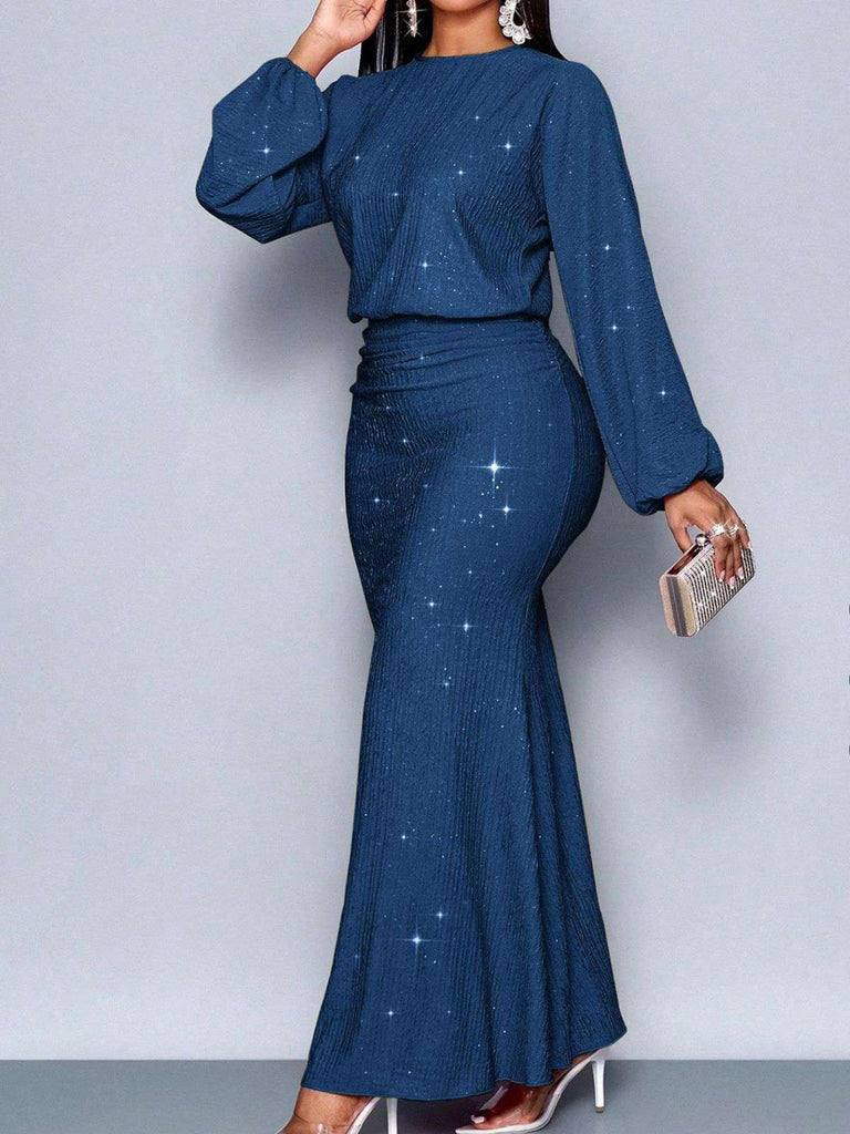 1930s Glitter Ruched Lantern Sleeve Knit Fishtail Dress