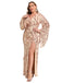 [Plus Size] Beige 1980s Floral Sequin Maxi Slit Dress