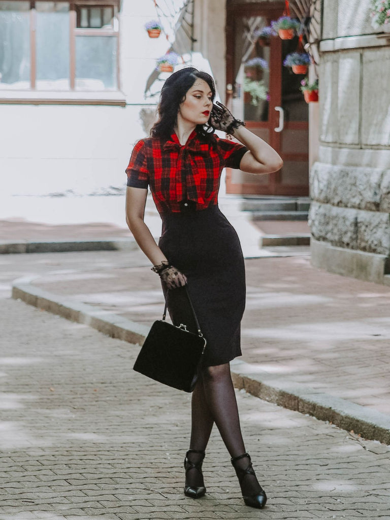 Red & Black 1960s Plaid Bow Collar Pencil Dress