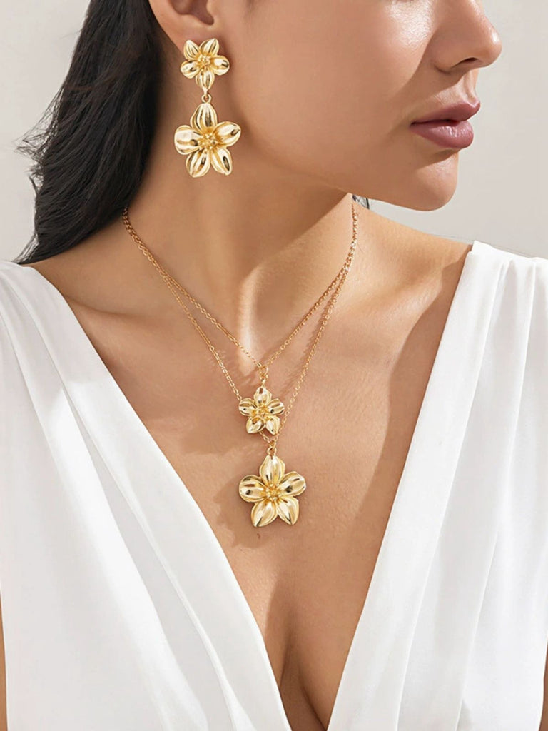Floral Double Clavicle Necklace & Earrings Set