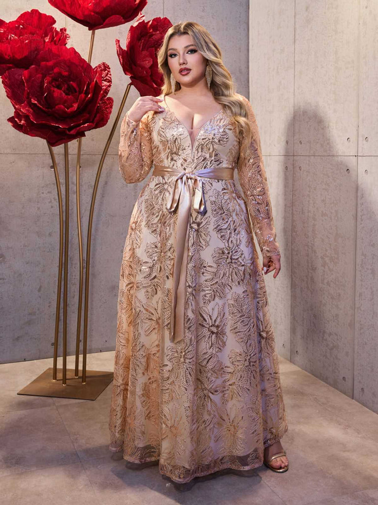 [Plus Size] Gold 1930s Sequined Deep V-Neck Backless Mesh Dress