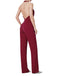 Wine Red 1970s Halter Deep V-Neck Pockets Jumpsuit