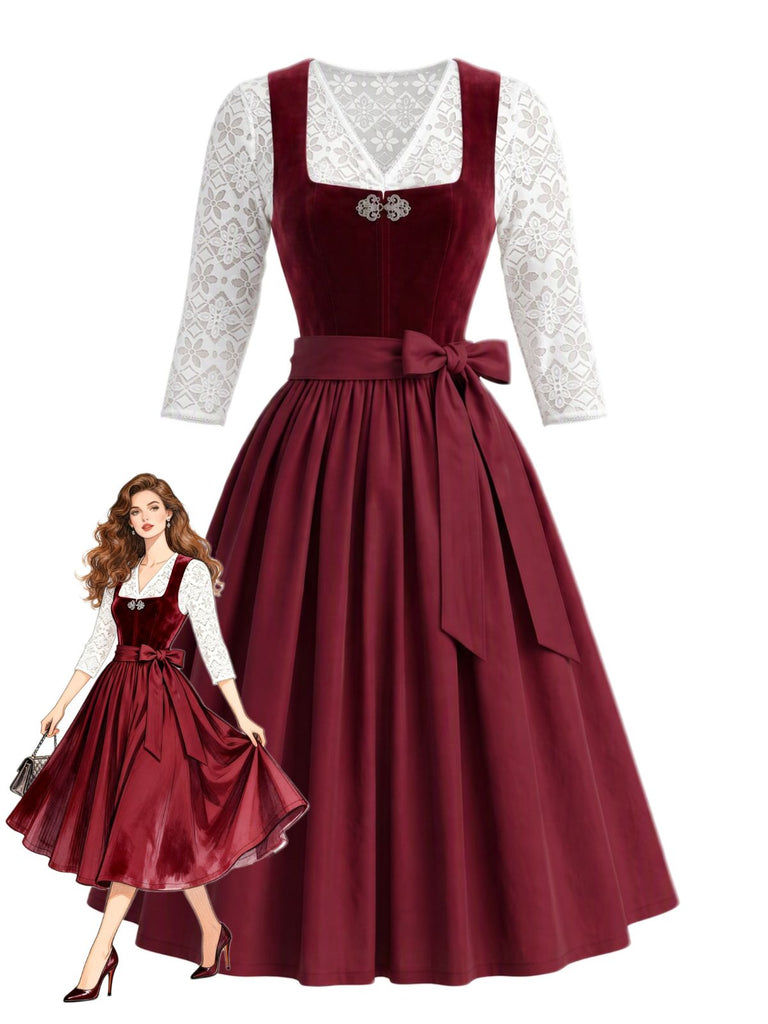 3PCS 1950s Lace Sheer Crop Top & Velvet Dress With Apron