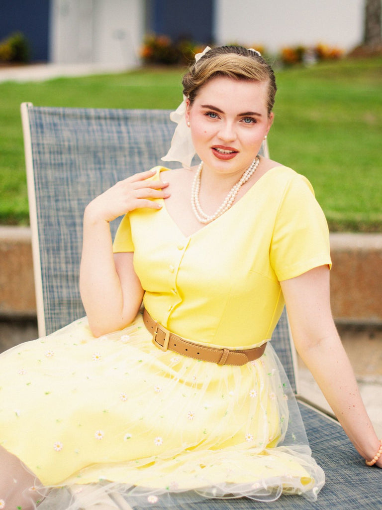 Yellow 1950s V-Neck Daisy Mesh Dress