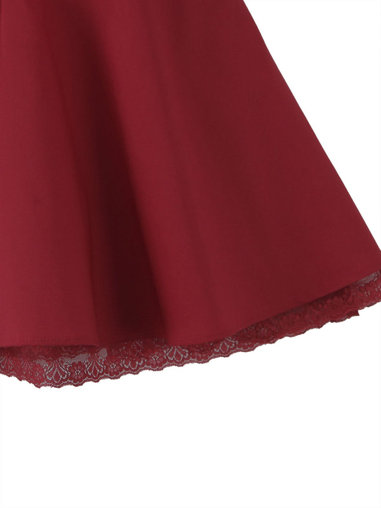 Red 1960s Solid Puff Sleeve Lace-up Dress