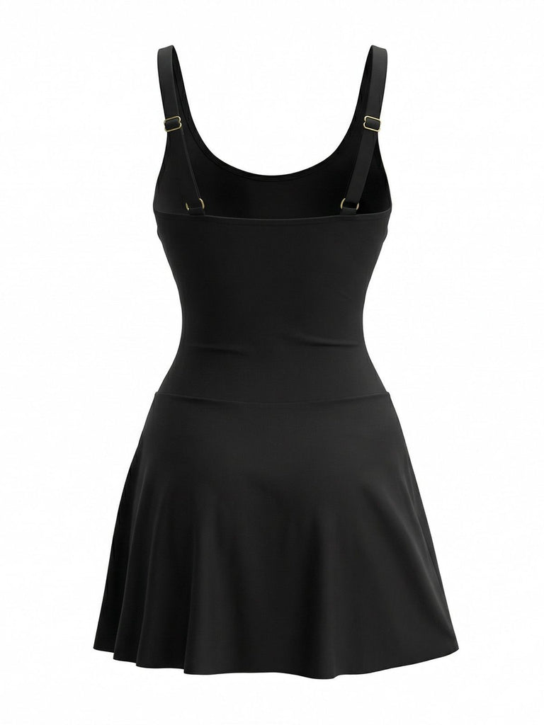 1940s Floral Strappy Scoop-Neck Tie Mesh Swim Dress