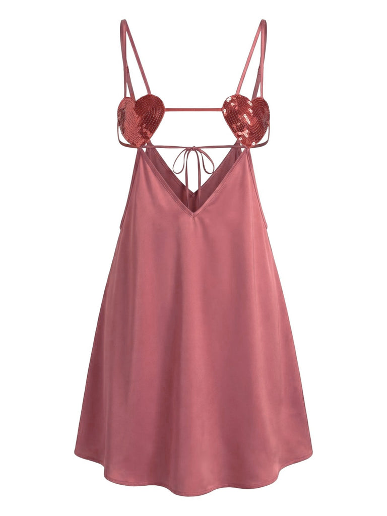 1960s Solid Satin Sequined Heart Sexy Cami Nightgown