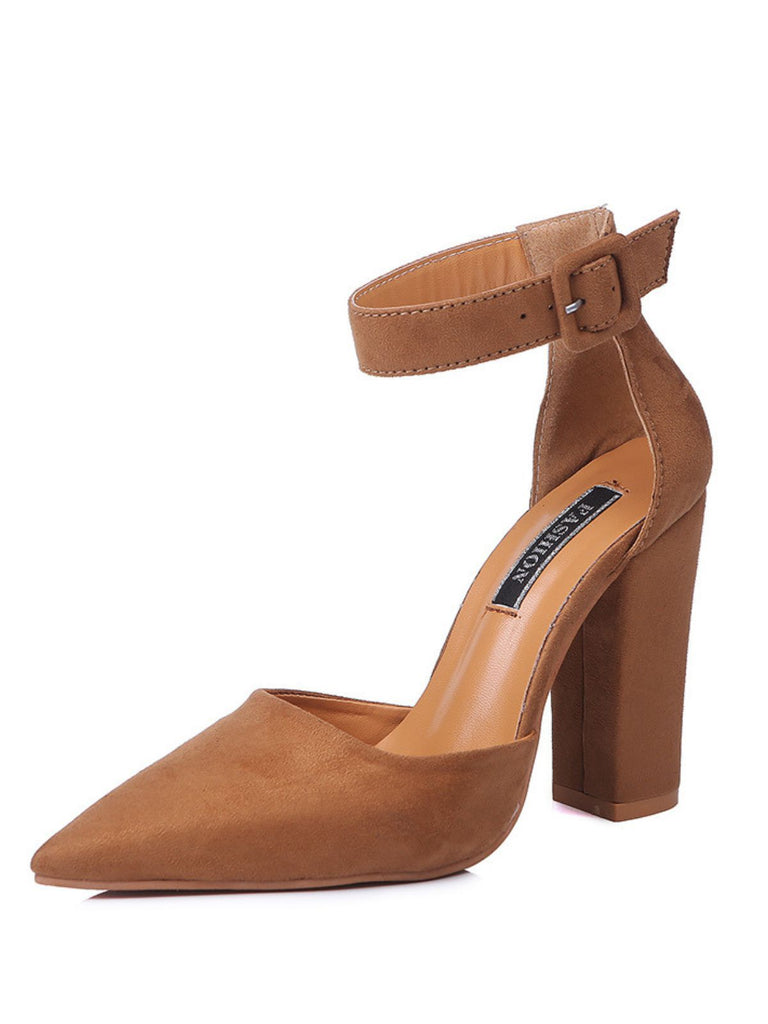 Suede Pointed-Toe Ankle Strap High Heel Pumps