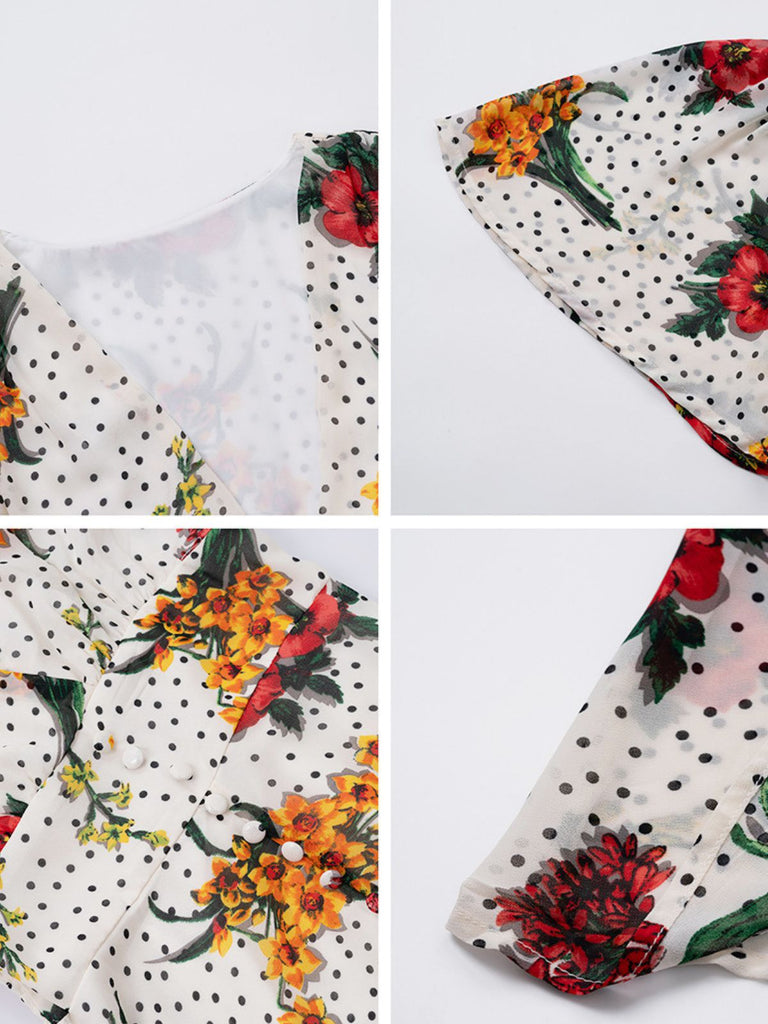 1940s Deep V-Neck Chiffon Polka Dots Floral Dress