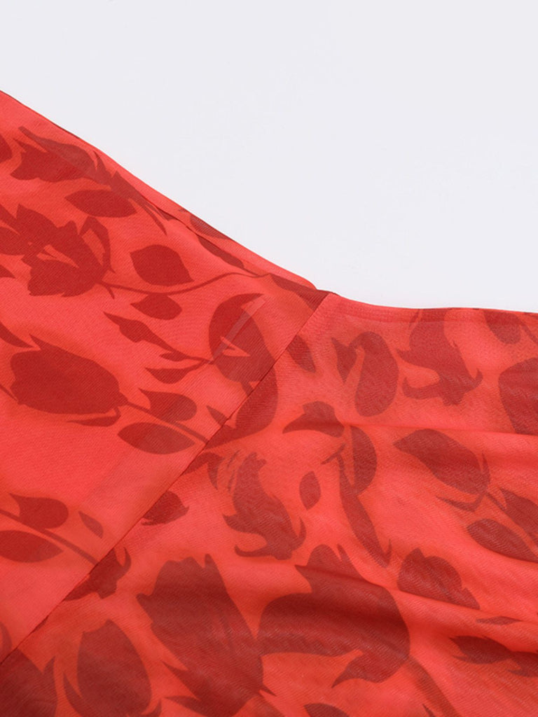 Red 1930s Spaghetti Strap Floral Dress