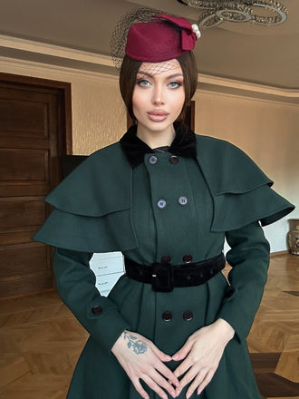 Green 1930s Double-Breasted Belted Coat With Cape