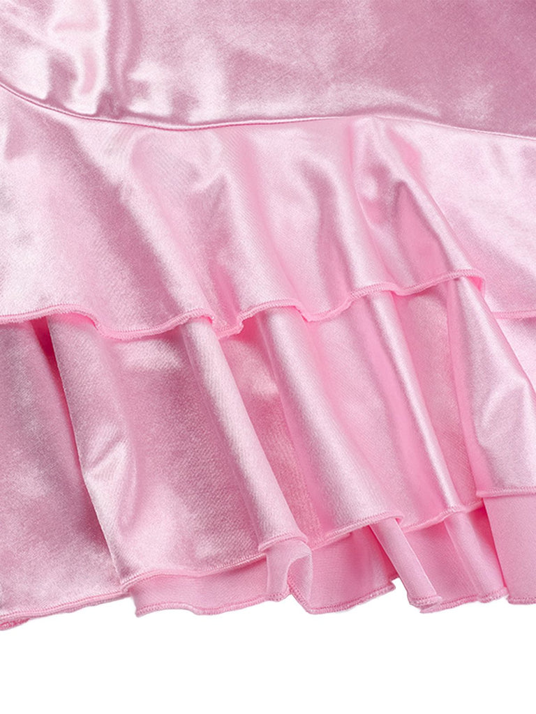 Peach Pink 1980s Solid Ribbon Tie Surplice Satin Dress