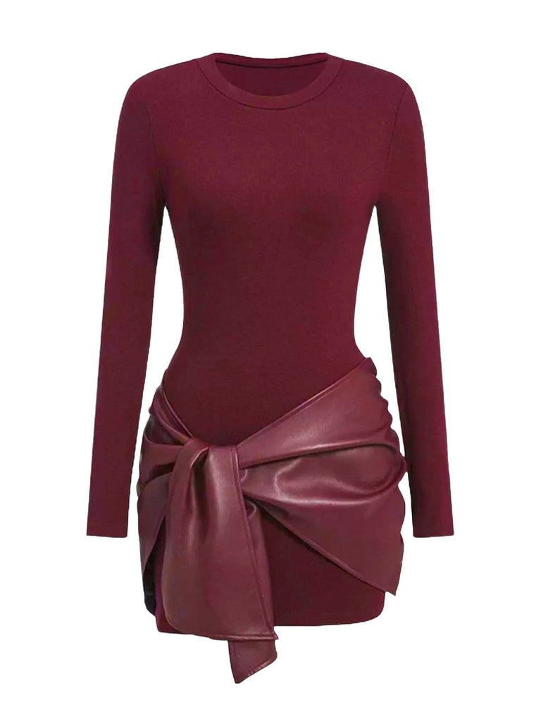 1980s Faux Leather Bow Long Sleeve Dress