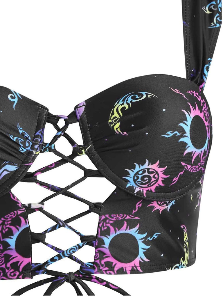 Black 1980s Strap Neon Nebula Print Gothic Bikini
