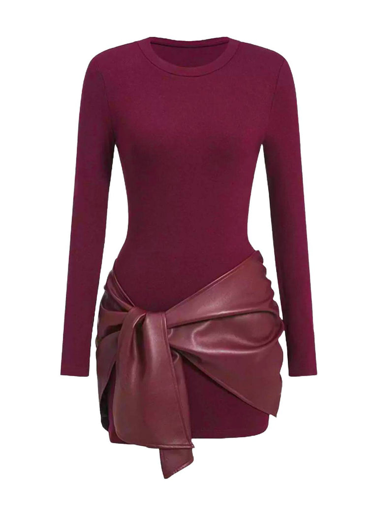 1980s Faux Leather Bow Long Sleeve Dress