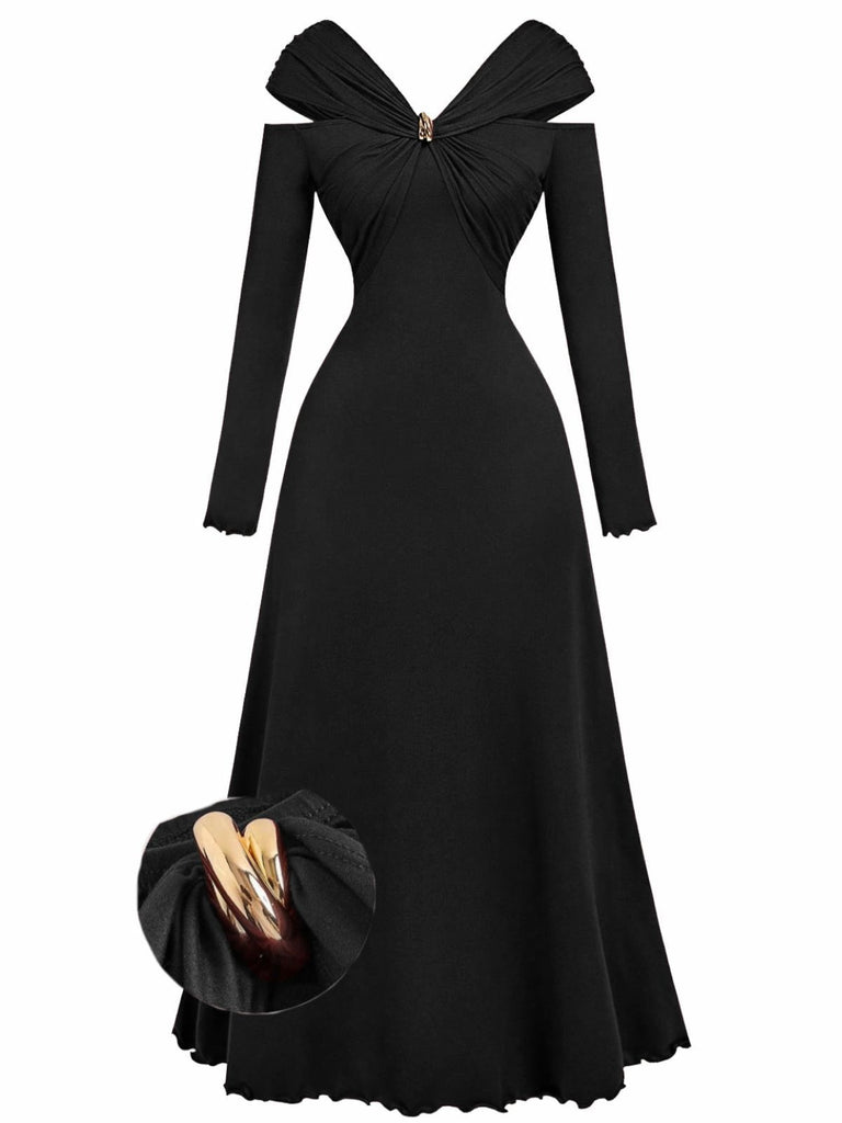 Burgundy 1940s Off-Shoulder Long Sleeve Pleated Dress