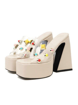 Gem Studded Transparent Chunky Heel Shoes