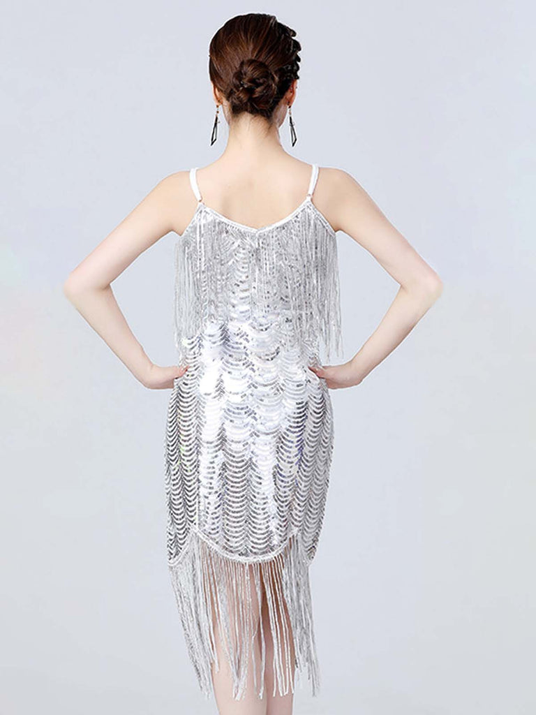 1920s V-Neck Fringe Solid Evening Tunic Dress