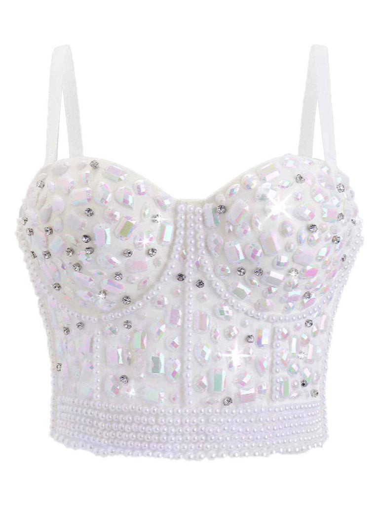 1970s Rhinestone Pearl Spaghetti Strap Corset Top