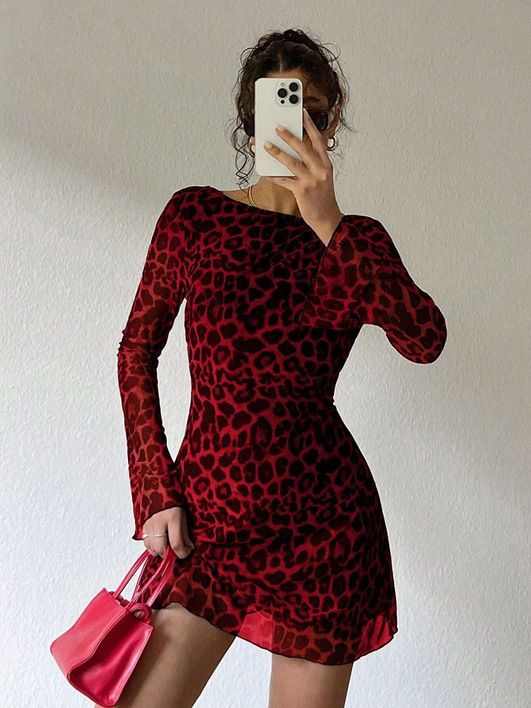 1980s Leopard Sheer Long-Sleeve Backless Dress