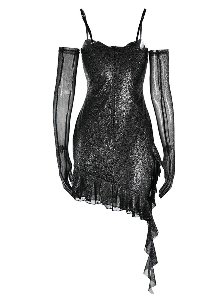 1980s Glitter Ruffled Spaghetti Strap Bodycon Dress