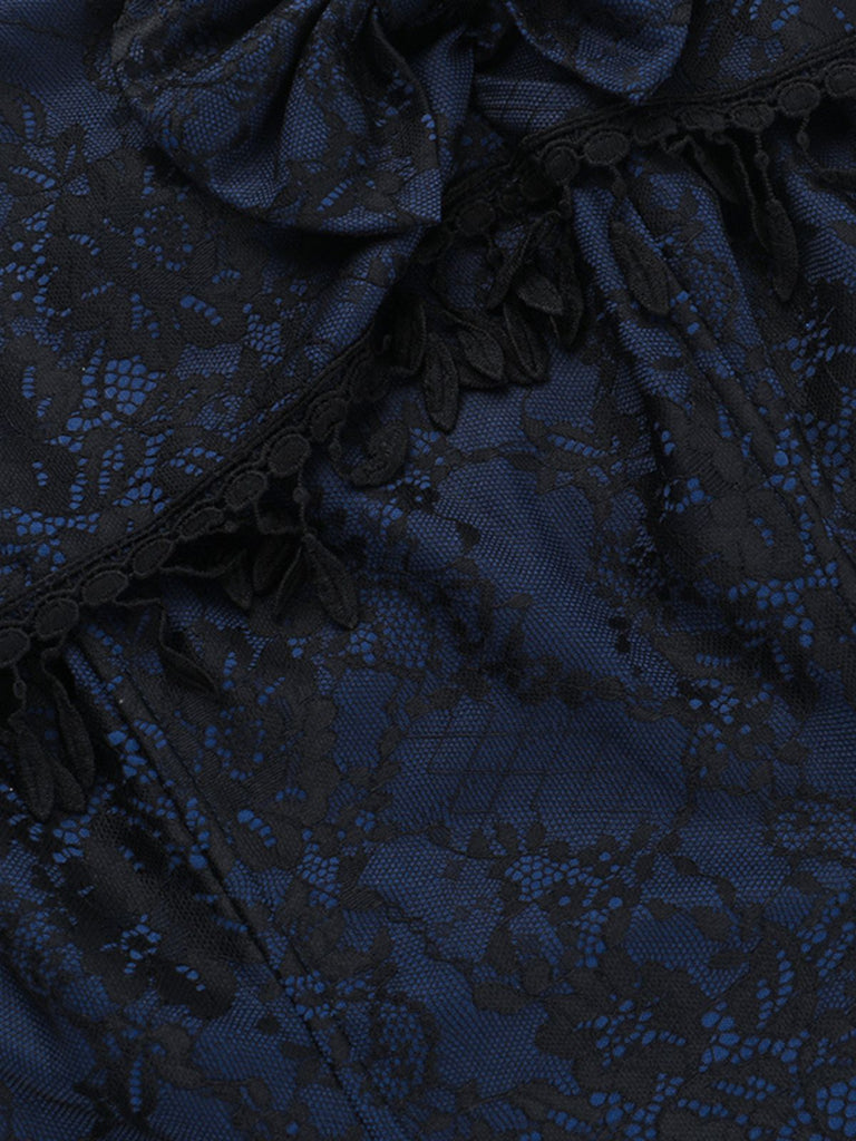 Dark Blue 1930s Halloween Off-Shoulder Lace Tassel Top