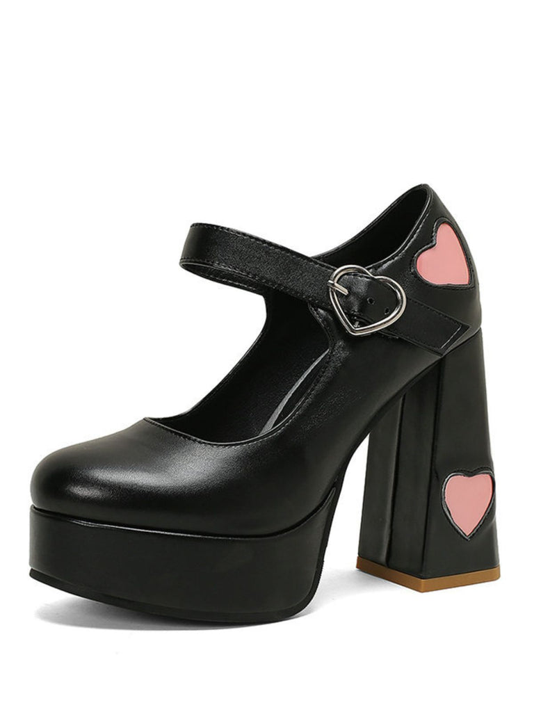 Vintage Heart Cut-Outs & Buckle Mary Jane High Heel Shoes