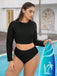 [Plus Size] Black 1980s Solid Long Sleeve High Waist Swimsuit Set