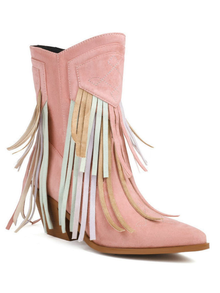 Vintage Tassel Mid Heel Flannelette Boots