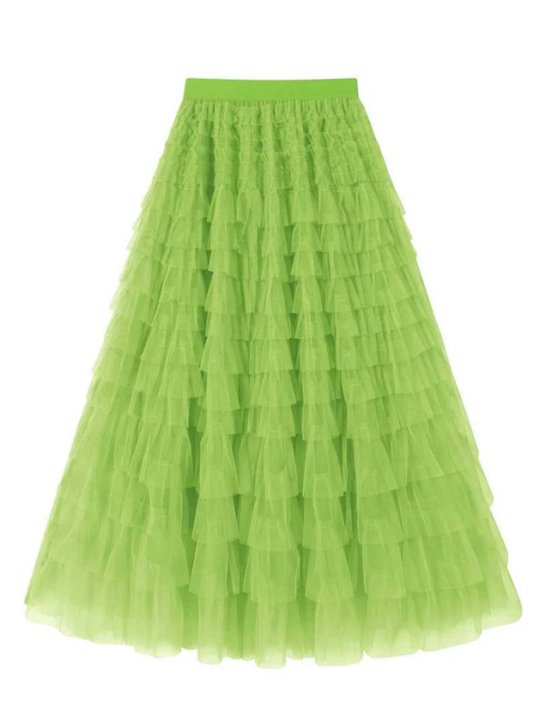 1940s Tiered Mesh Ruffle A-Line Solid Skirt