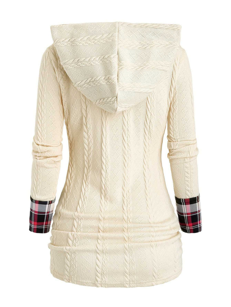 1940s Knit Plaid Button Hooded Sweater