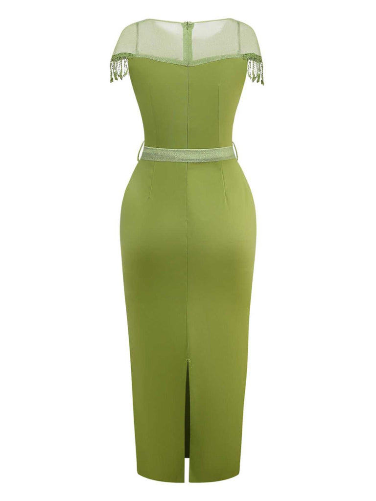 1960s Sheer Fringe Belted Bodycon Dress