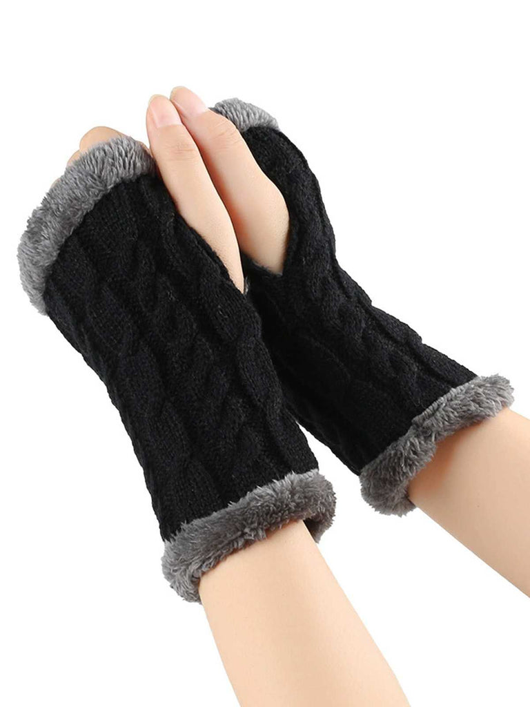 Winter Faux Fur Trim Knit Fingerless Gloves