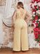 [Plus Size] Light Yellow 1980s Sequined Tassel Mesh Bow Jumpsuit