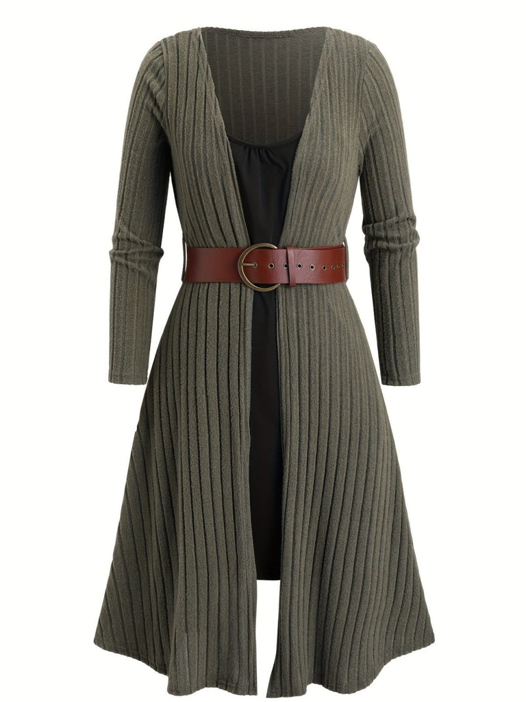 [Plus Size] Green 1940s Knit Layered Long Sleeve Belted Dress