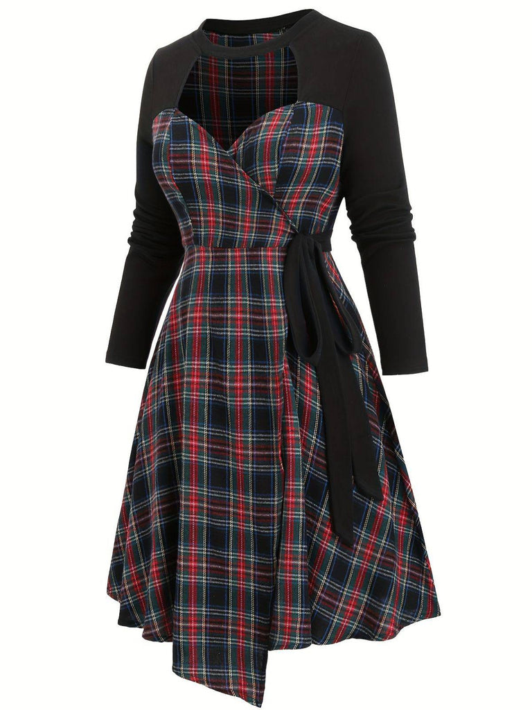 [Plus-Size] Black 1940s Cutout Plaid Patchwork Dress