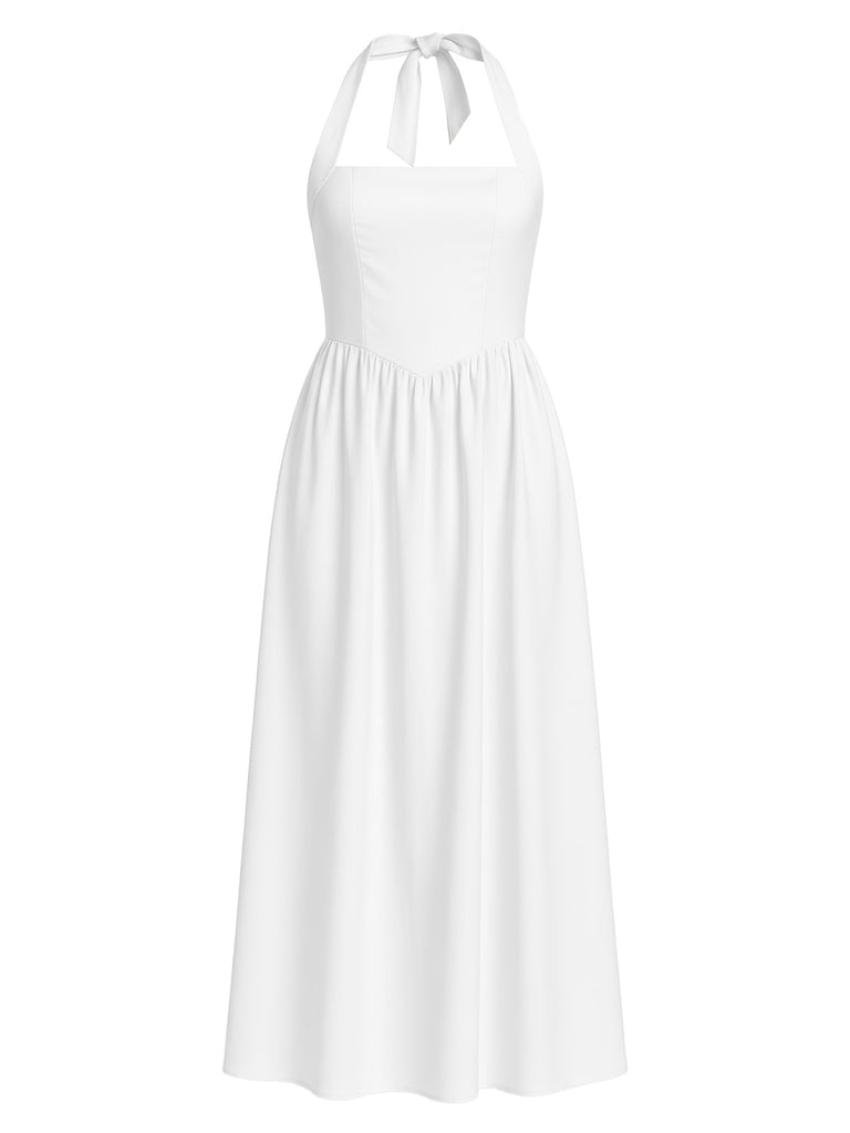 1940s Solid Wide-Strap Halter Backless Dress