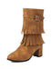 Vintage Solid Fringe Suede Chunky High Heel Boots