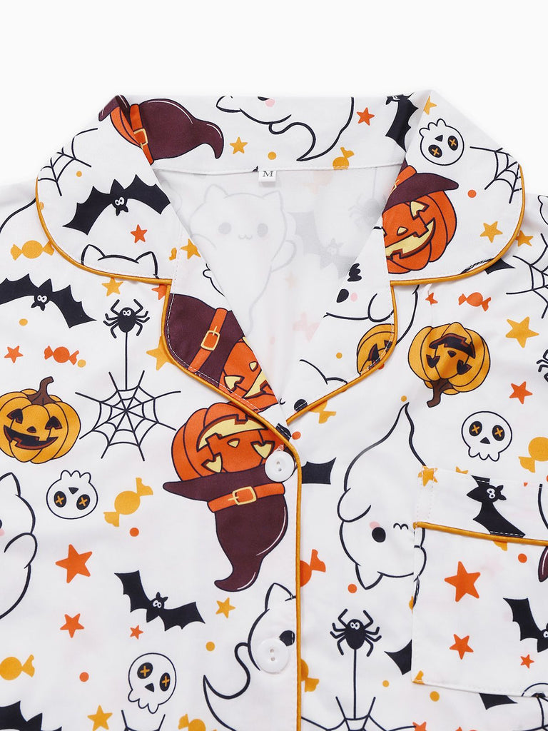 White 1950s Halloween Print Notched Collar Pajama Set