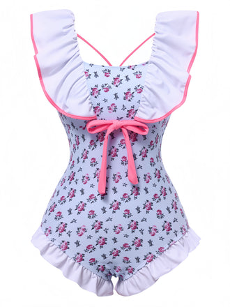 Blue 1950s Ditsy Floral Bow Ruffled Swimsuit