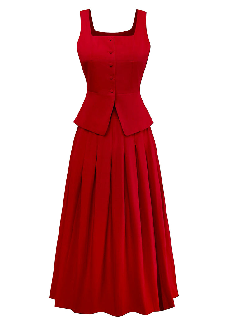 2PCS Red 1940s Square Neck Sleeveless Vest & Skirt