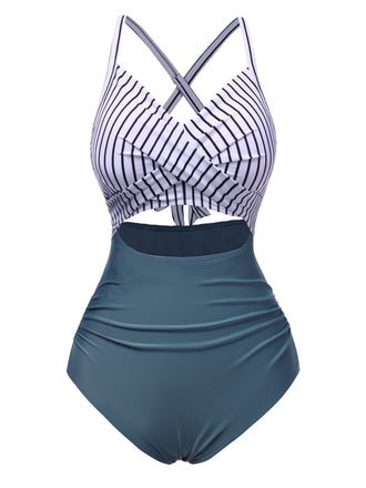 Blue 1940s Stripe Patchwork Hollow One-Piece Swimsuit