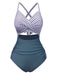 Blue 1940s Stripe Patchwork Hollow One-Piece Swimsuit