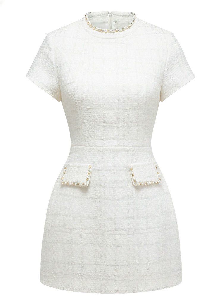 1950s Binding Pearl-Trimmed Collar Tweed Dress