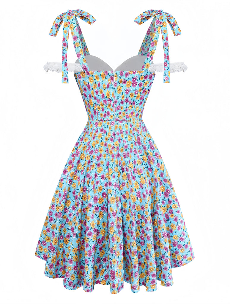 Blue 1960s Daisy Floral V-Neck Slit Short Dress