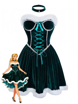 Green 1960s Velvet Fringe Strapless Mini Dress